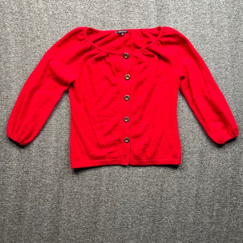 Anne Klein Sweater Women Large Red Cardigan 100% Cashmere Scoop Neck 3/4 Sleeve